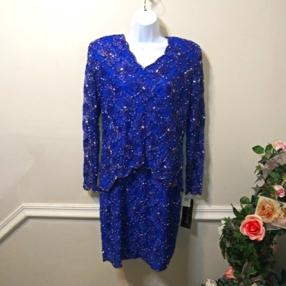 Vintage 1980's Robert Anthony Royal Blue & Purple Beaded Cocktail Dres - Picture 1 of 14